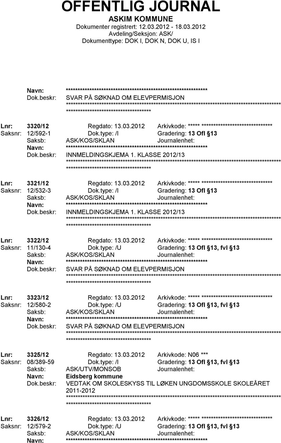 2012 Arkivkode: ***** ****************************** Saksnr: 12/532-3 Dok.type: /I Gradering: 13 Ofl 13 ************************ INNMELDINGSKJEMA 1.