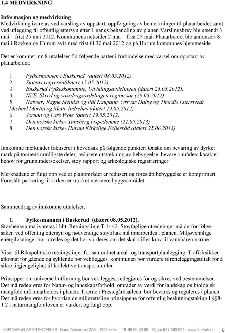 Planarbeidet ble annonsert 8 mai i Røyken og Hurum avis med frist til 30 mai 2012 og på Hurum kommunes hjemmeside.