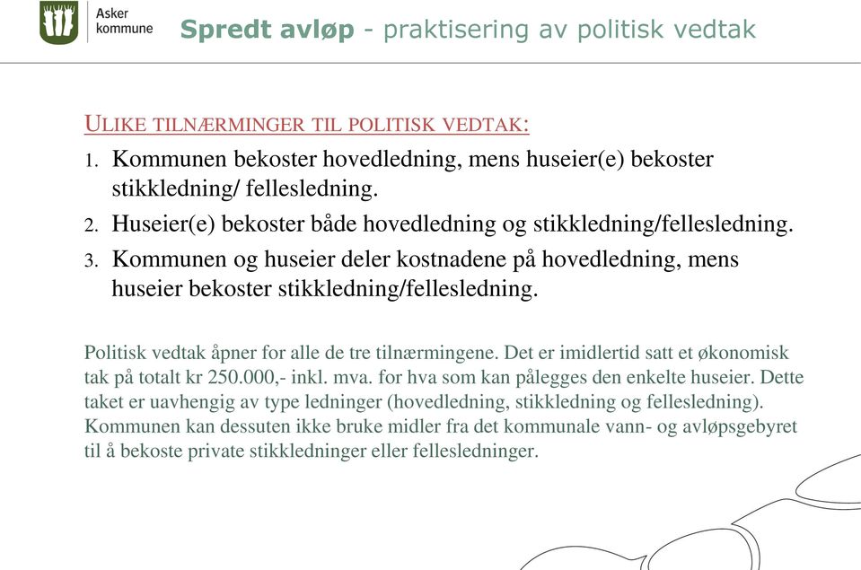 Politisk vedtak åpner for alle de tre tilnærmingene. Det er imidlertid satt et økonomisk tak på totalt kr 250.000,- inkl. mva. for hva som kan pålegges den enkelte huseier.