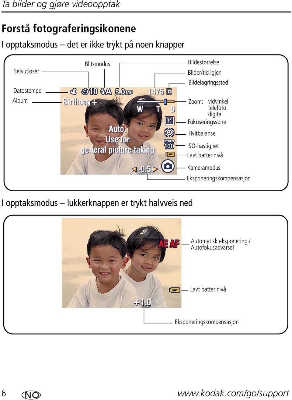 Fokuseringssone Hvitbalanse ISO-hastighet Lavt batterinivå Kameramodus Eksponeringskompensasjon I opptaksmodus