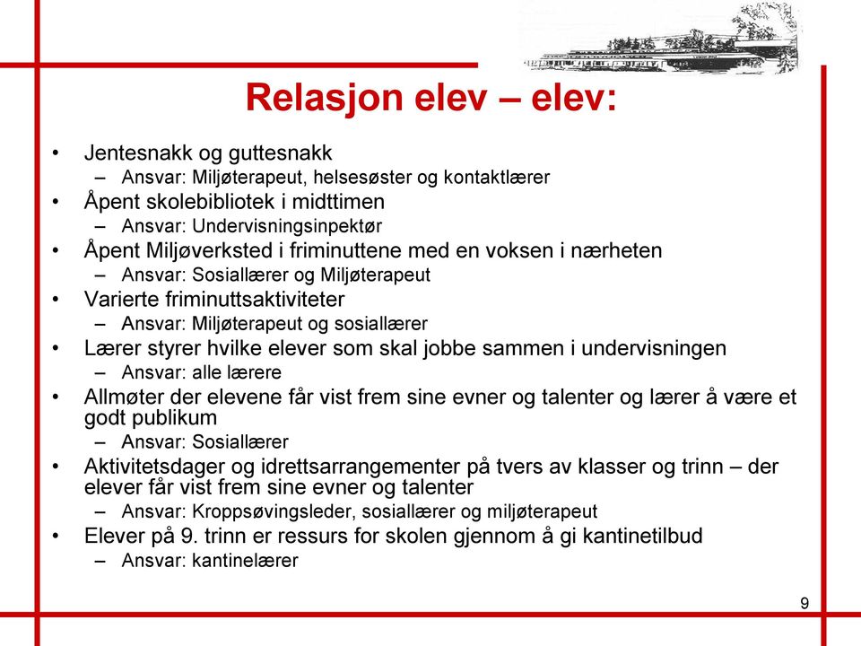 Ansvar: alle lærere Allmøter der elevene får vist frem sine evner og talenter og lærer å være et godt publikum Ansvar: Sosiallærer Aktivitetsdager og idrettsarrangementer på tvers av klasser og