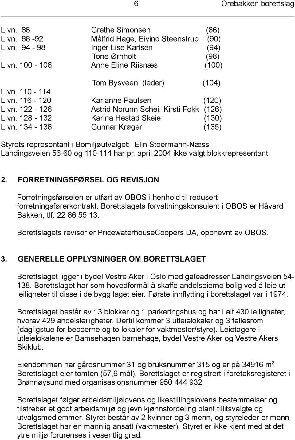 Landingsveien 56-60 og 110-114 har pr. april 2004 ikke valgt blokkrepresentant. 2. FORRETNINGSFØRSEL OG REVISJON Forretningsførselen er utført av OBOS i henhold til redusert forretningsførerkontrakt.