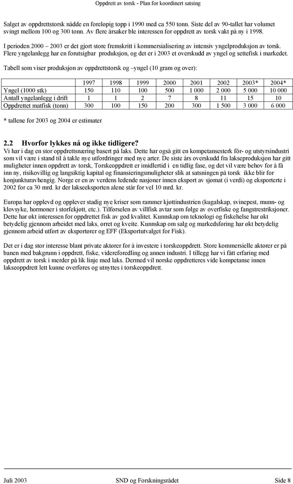 Flere yngelanlegg har en forutsigbar produksjon, og det er i 2003 et overskudd av yngel og settefisk i markedet.