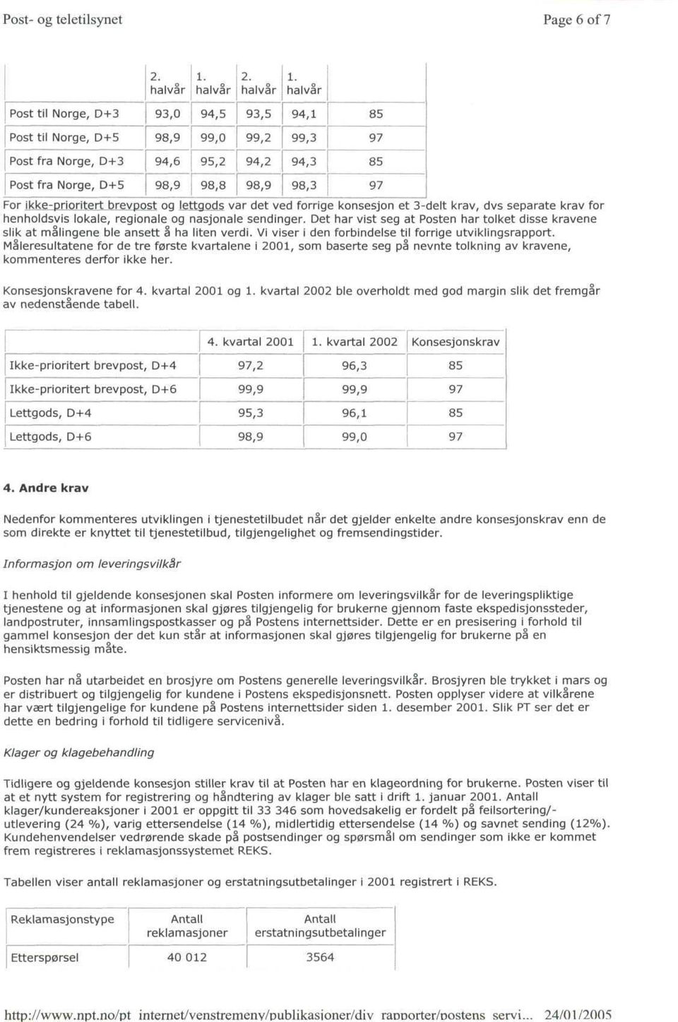 94,1 99, 94, 98, For ikke-prioritert brevpost og lettgods var det ved forrige konsesjon et -delt krav, dvs separate krav for henholdsvis lokale, regionale og nasjonale sendinger.