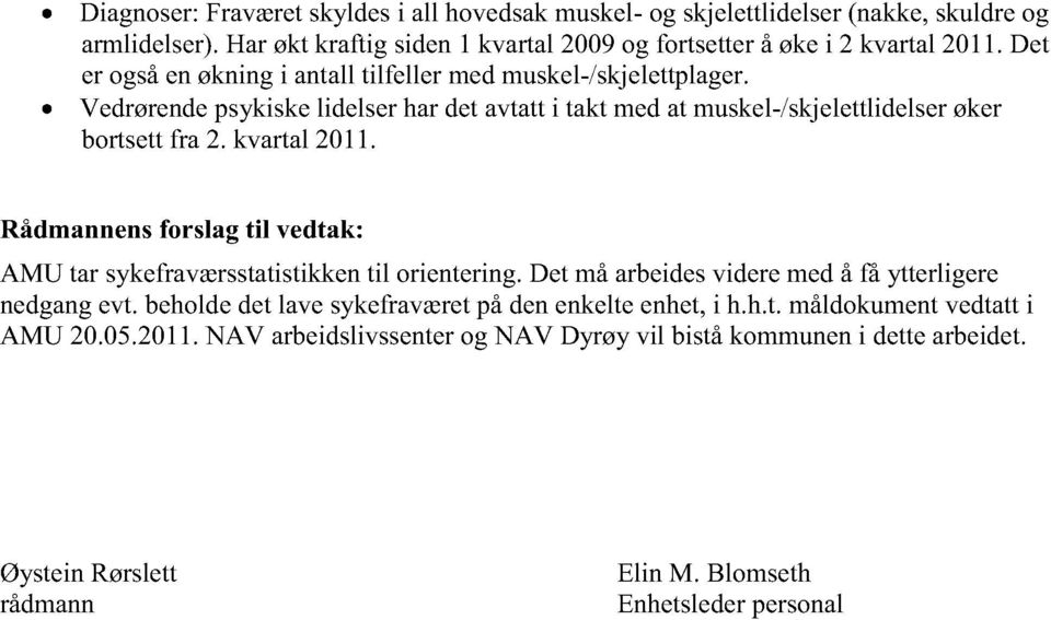 kvartal2011. Rådmannensforslag til vedtak: AMU tar sykefraværsstatistikkentil orientering.det måarbeidesvideremedå få ytterligere nedgangevt.