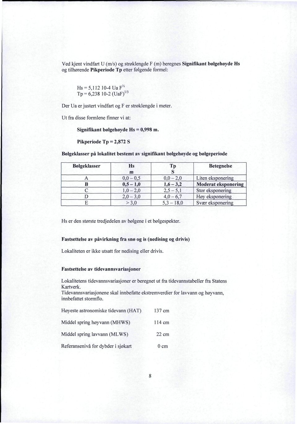 Pikperiode Tp = 2,872 S Bølgeklasser på lokalitet bestemt av signifikant bølgehøyde og bølgeperiode Bølgeklasser Hs Tp Betegnelse 1 A m 0,0-0,5 S 0,0-2,0 Liten eksponering 1 B 0,5-1,0 1,6-3,2 Moderat