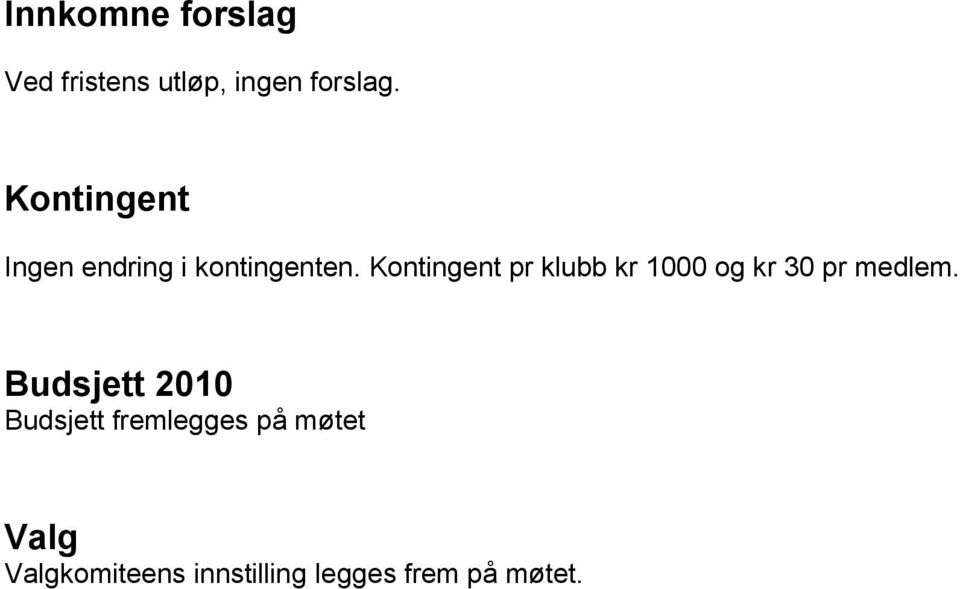 Kontingent pr klubb kr 1000 og kr 30 pr medlem.