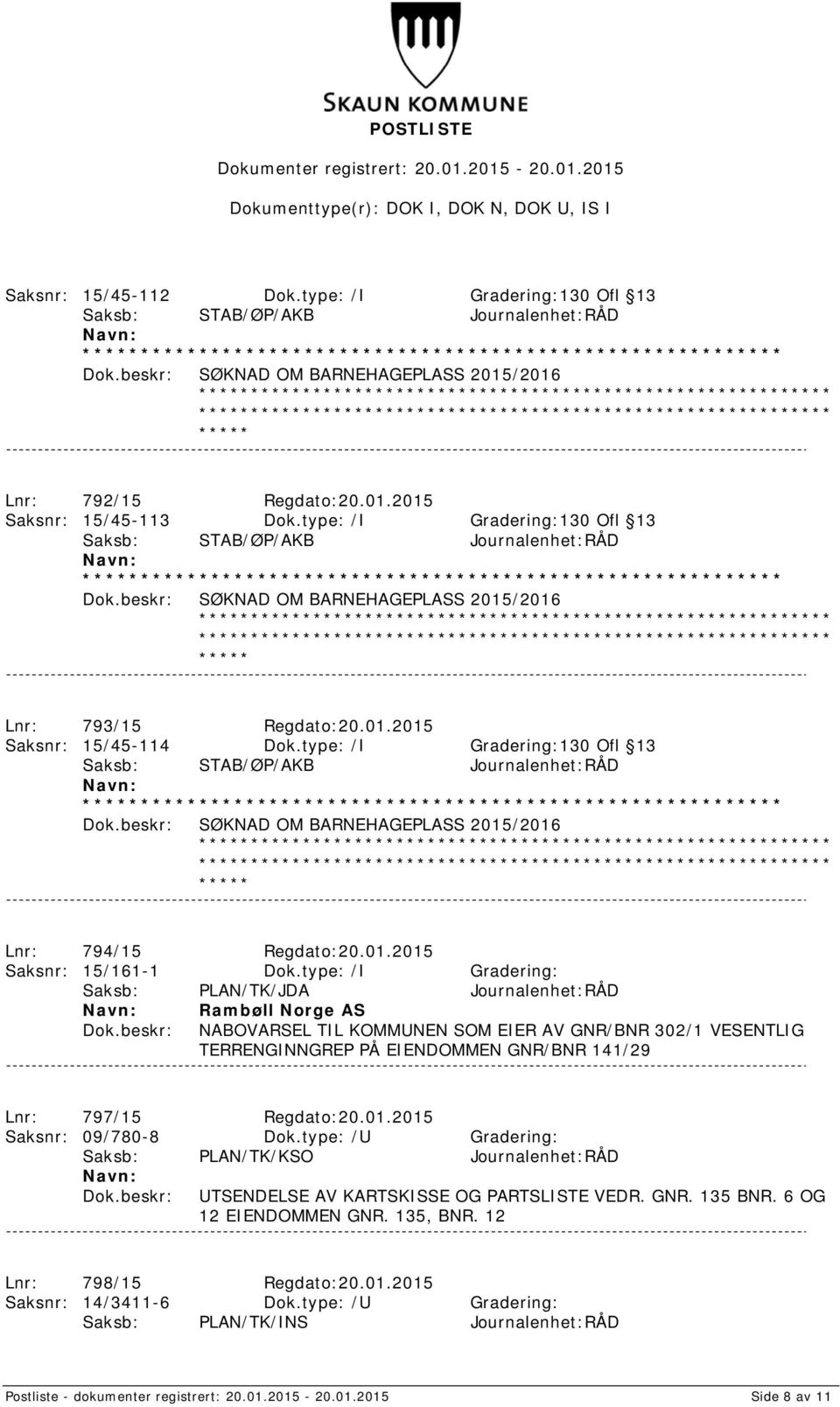 type: /I Gradering:130 Ofl 13 SØKNAD OM BARNEHAGEPLASS 2015/2016 Lnr: 794/15 Regdato:20.01.2015 Saksnr: 15/161-1 Dok.