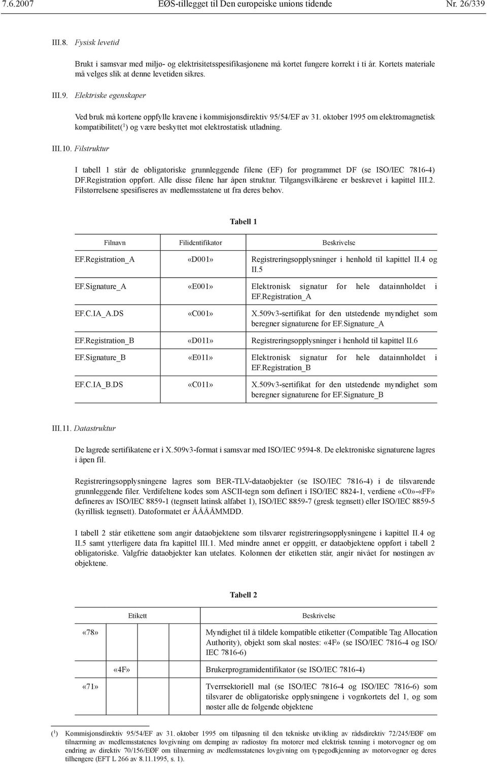 Filstruktur I tabell 1 står de obligatoriske grunnleggende filene (EF) for programmet DF (se ISO/IEC 7816-4) DF.Registration oppført. Alle disse filene har åpen struktur.