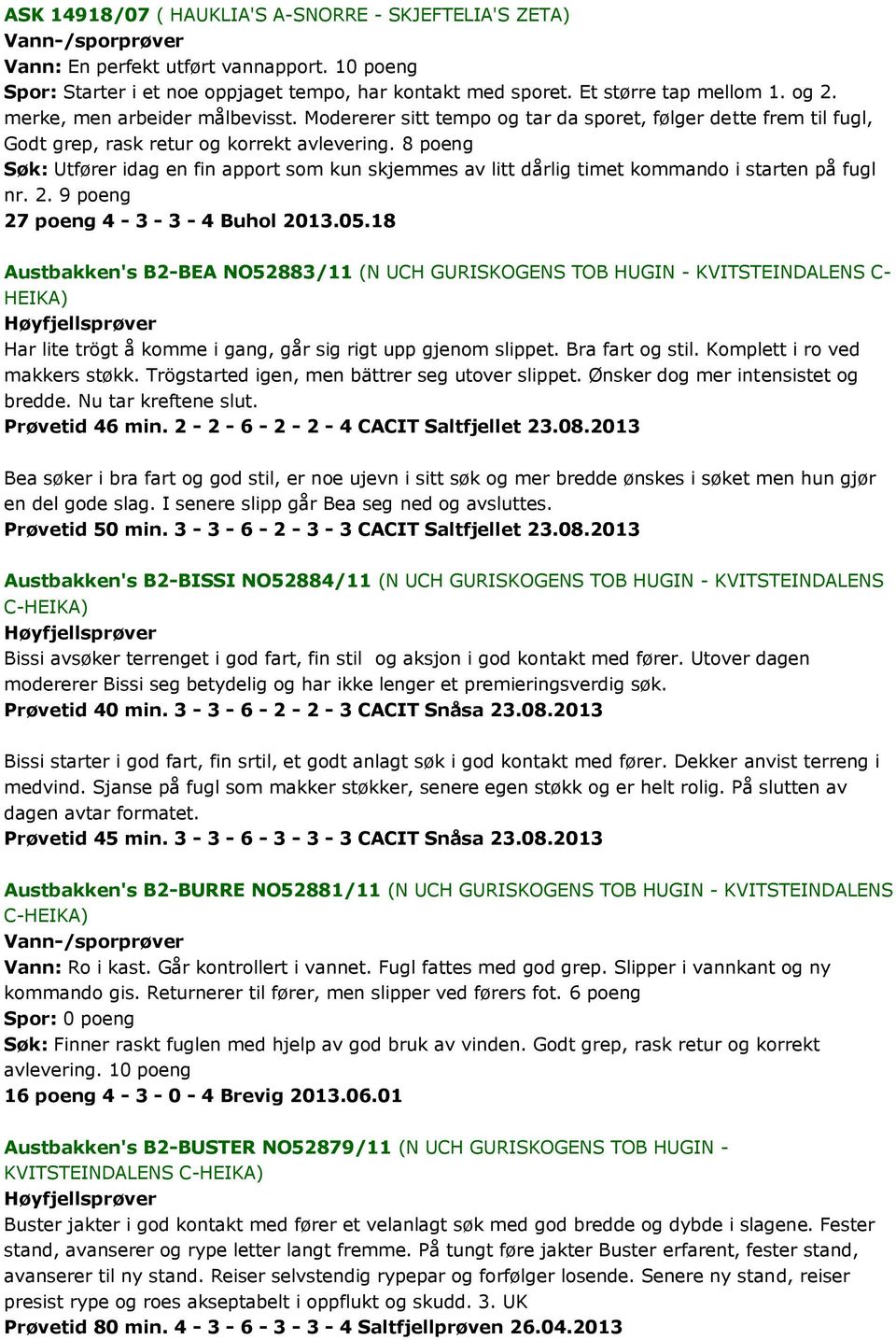 8 poeng Søk: Utfører idag en fin apport som kun skjemmes av litt dårlig timet kommando i starten på fugl nr. 2. 9 poeng 27 poeng 4-3 - 3-4 Buhol 2013.05.