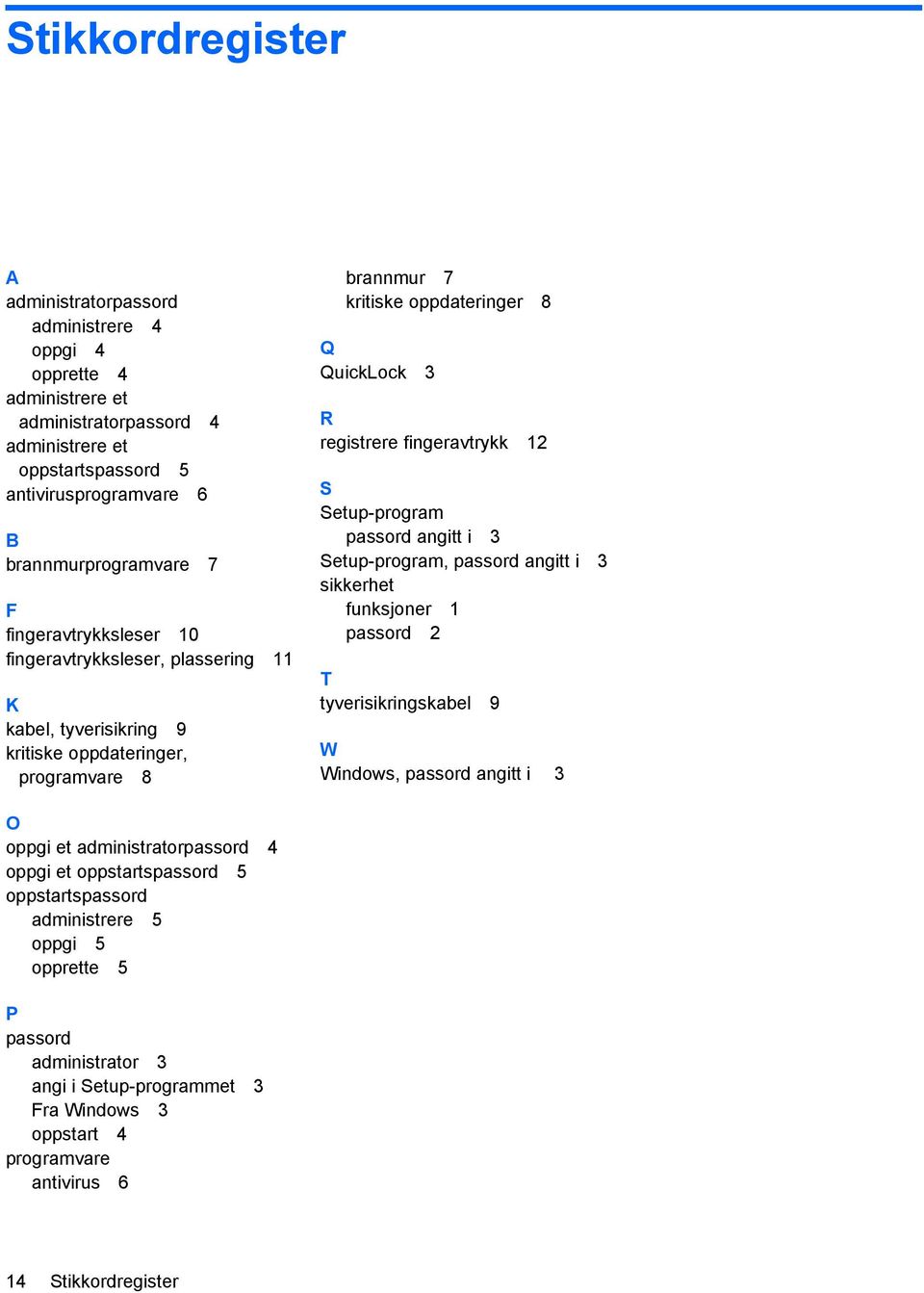 fingeravtrykk 12 S Setup-program passord angitt i 3 Setup-program, passord angitt i 3 sikkerhet funksjoner 1 passord 2 T tyverisikringskabel 9 W Windows, passord angitt i 3 O oppgi et