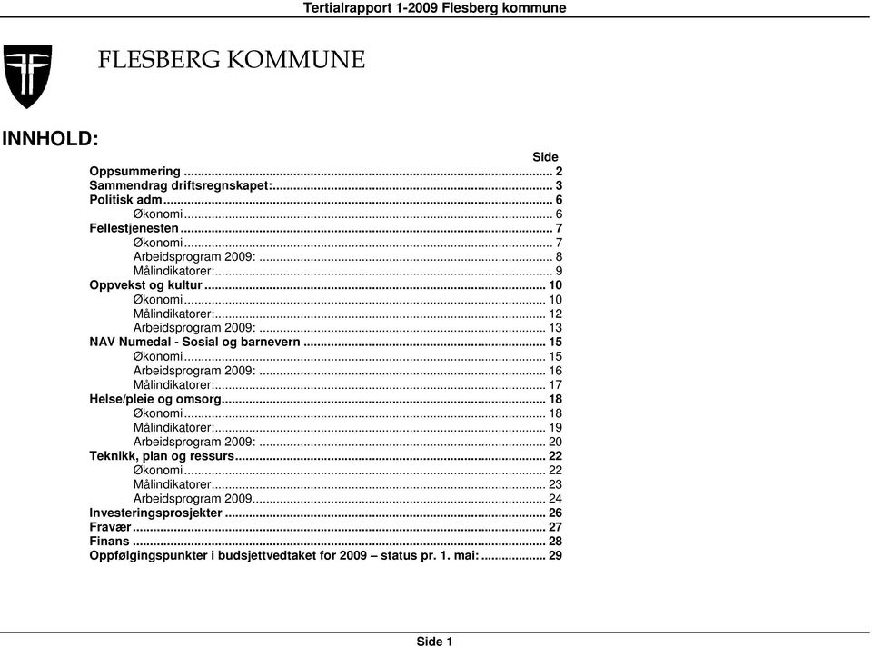 .. 16 Målindikatorer:... 17 Helse/pleie og omsorg... 18 Økonomi... 18 Målindikatorer:... 19 Arbeidsprogram 2009:... 20 Teknikk, plan og ressurs... 22 Økonomi.