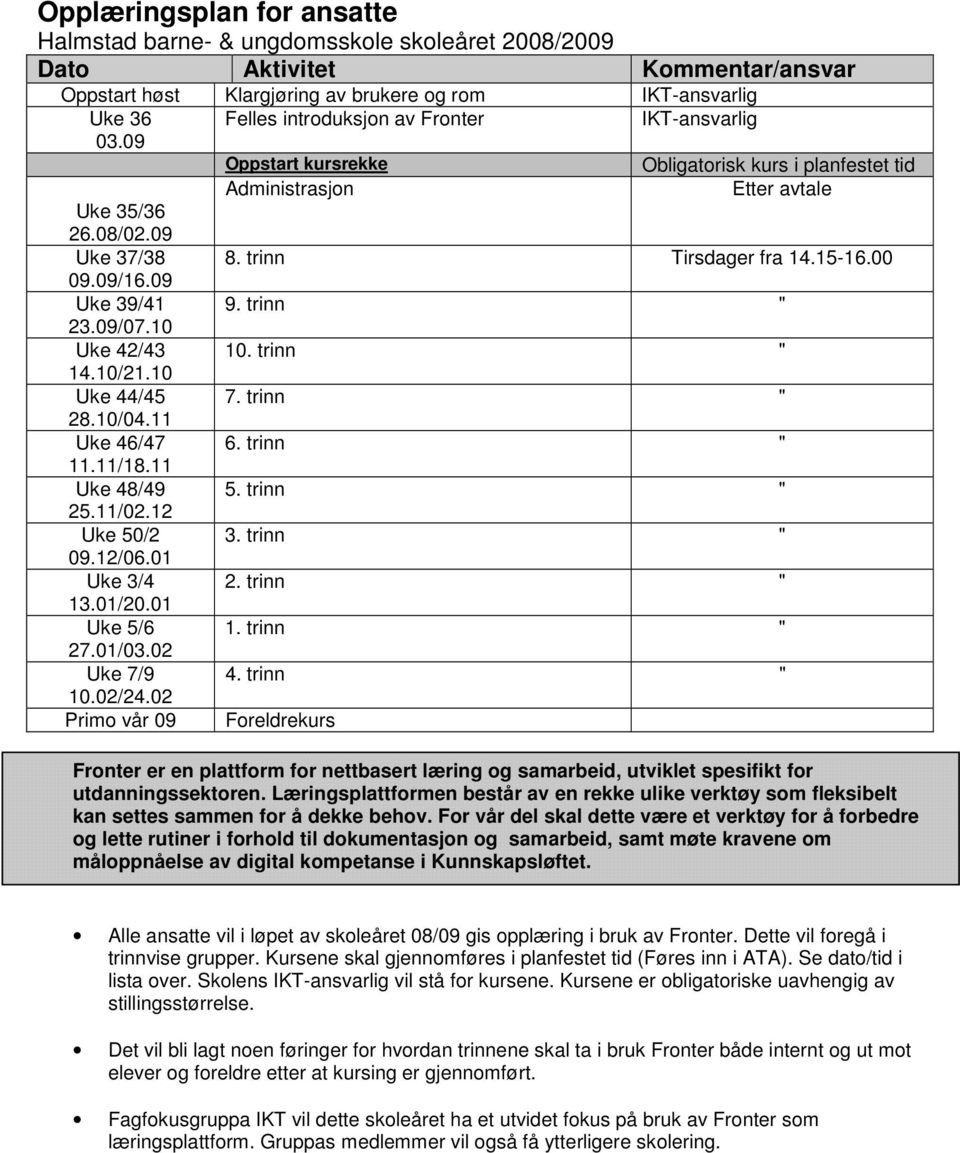 01 Uke 3/4 13.01/20.01 Uke 5/6 27.01/03.02 Uke 7/9 10.02/24.02 Primo vår 09 Oppstart kursrekke Administrasjon Obligatorisk kurs i planfestet tid Etter avtale 8. trinn Tirsdager fra 14.15-16.00 9.