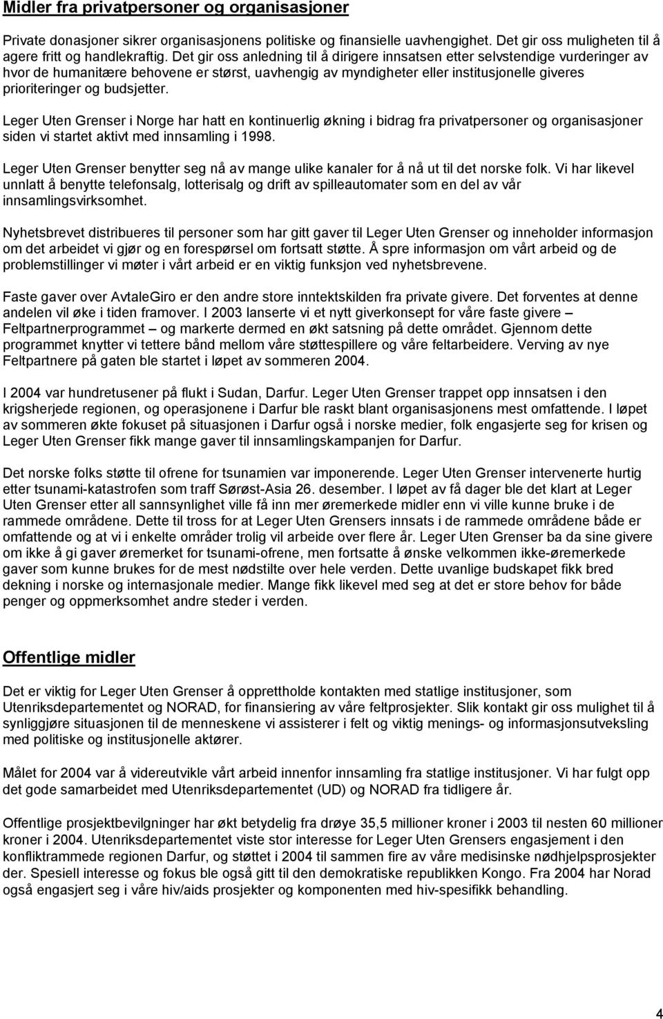 budsjetter. Leger Uten Grenser i Norge har hatt en kontinuerlig økning i bidrag fra privatpersoner og organisasjoner siden vi startet aktivt med innsamling i 1998.