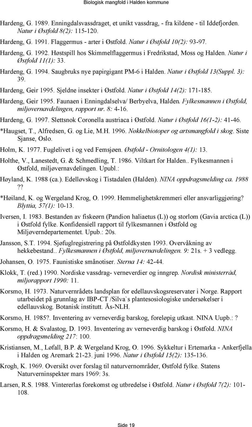 Hardeng, Geir 1995. Sjeldne insekter i Østfold. Natur i Østfold 14(2): 171-185. Hardeng, Geir 1995. Faunaen i Enningdalselva/ Berbyelva, Halden.