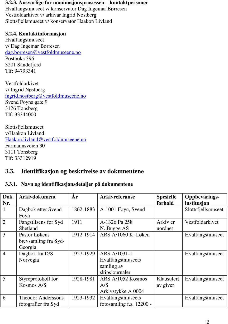 nostberg@vestfoldmuseene.no Svend Foyns gate 9 3126 Tønsberg Tlf: 33344000 Slottsfjellsmuseet v/haakon Livland Haakon.livland@vestfoldmuseene.no Farmannsveien 30 3111 Tønsberg Tlf: 33312919 3.3. Identifikasjon og beskrivelse av dokumentene 3.