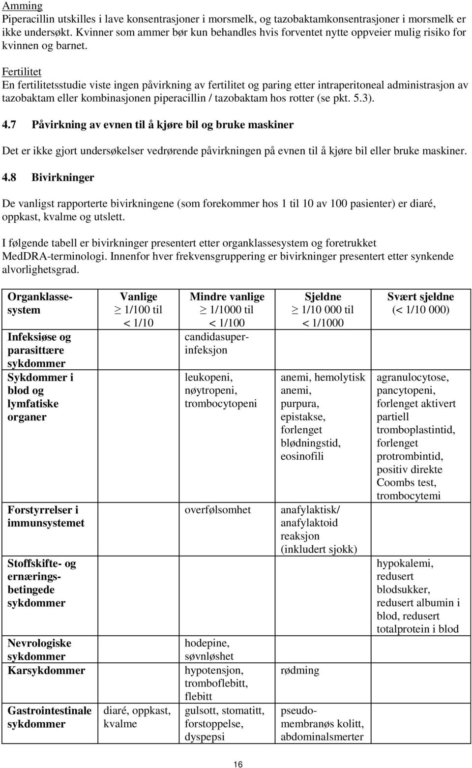 Fertilitet En fertilitetsstudie viste ingen påvirkning av fertilitet og paring etter intraperitoneal administrasjon av tazobaktam eller kombinasjonen piperacillin / tazobaktam hos rotter (se pkt. 5.