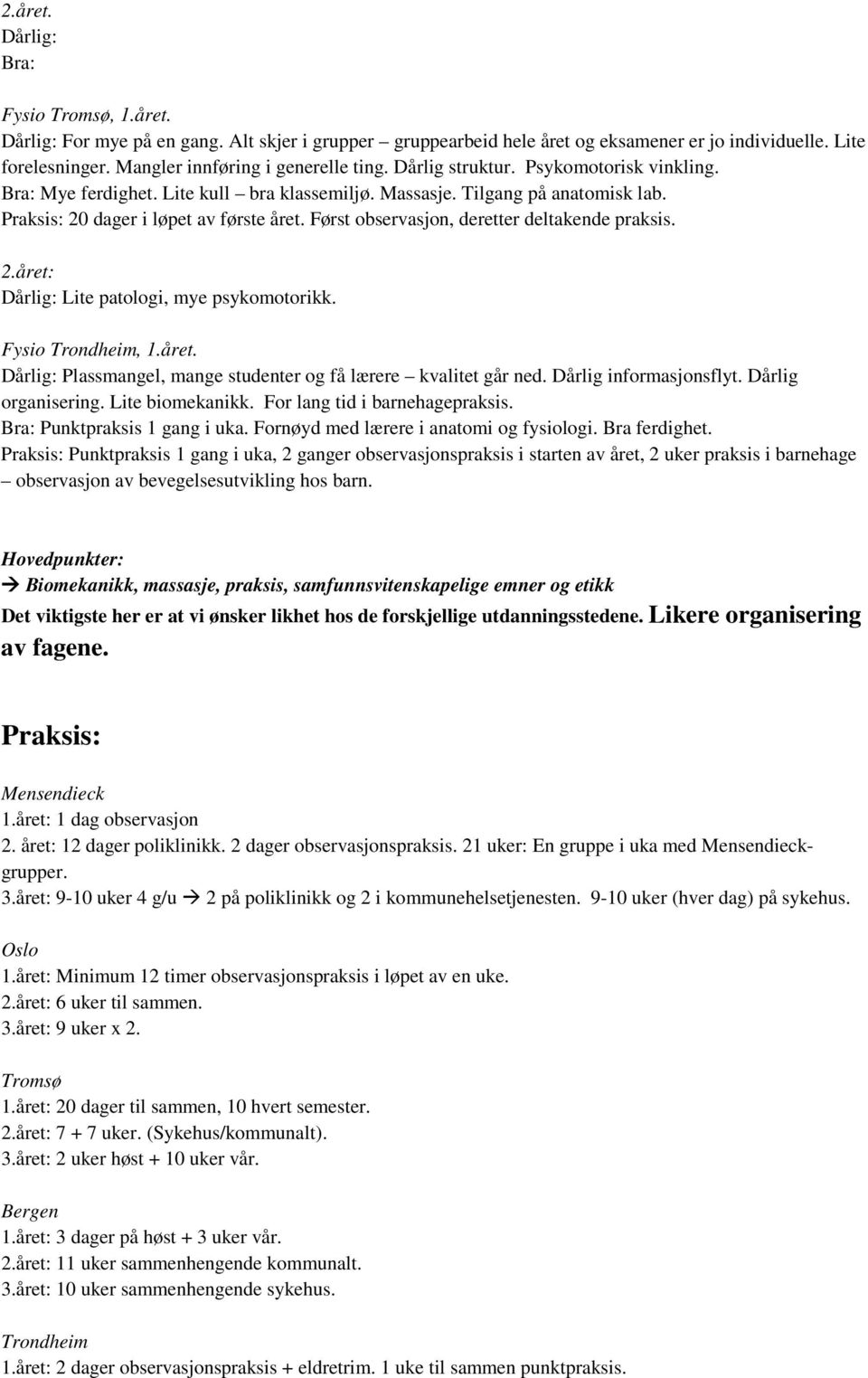 Praksis: 20 dager i løpet av første året. Først observasjon, deretter deltakende praksis. 2.året: Dårlig: Lite patologi, mye psykomotorikk. Fysio Trondheim, 1.året. Dårlig: Plassmangel, mange studenter og få lærere kvalitet går ned.