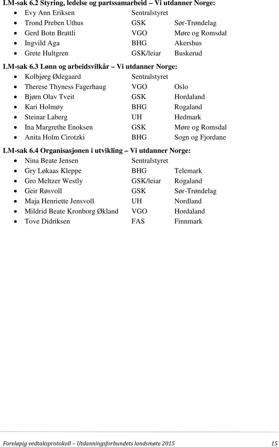 Hultgren GSK/leiar Buskerud 3 Lønn og arbeidsvilkår Vi utdanner Norge: Kolbjørg Ødegaard Sentralstyret Therese Thyness Fagerhaug VGO Oslo Bjørn Olav Tveit GSK Hordaland Kari Holmøy BHG Rogaland