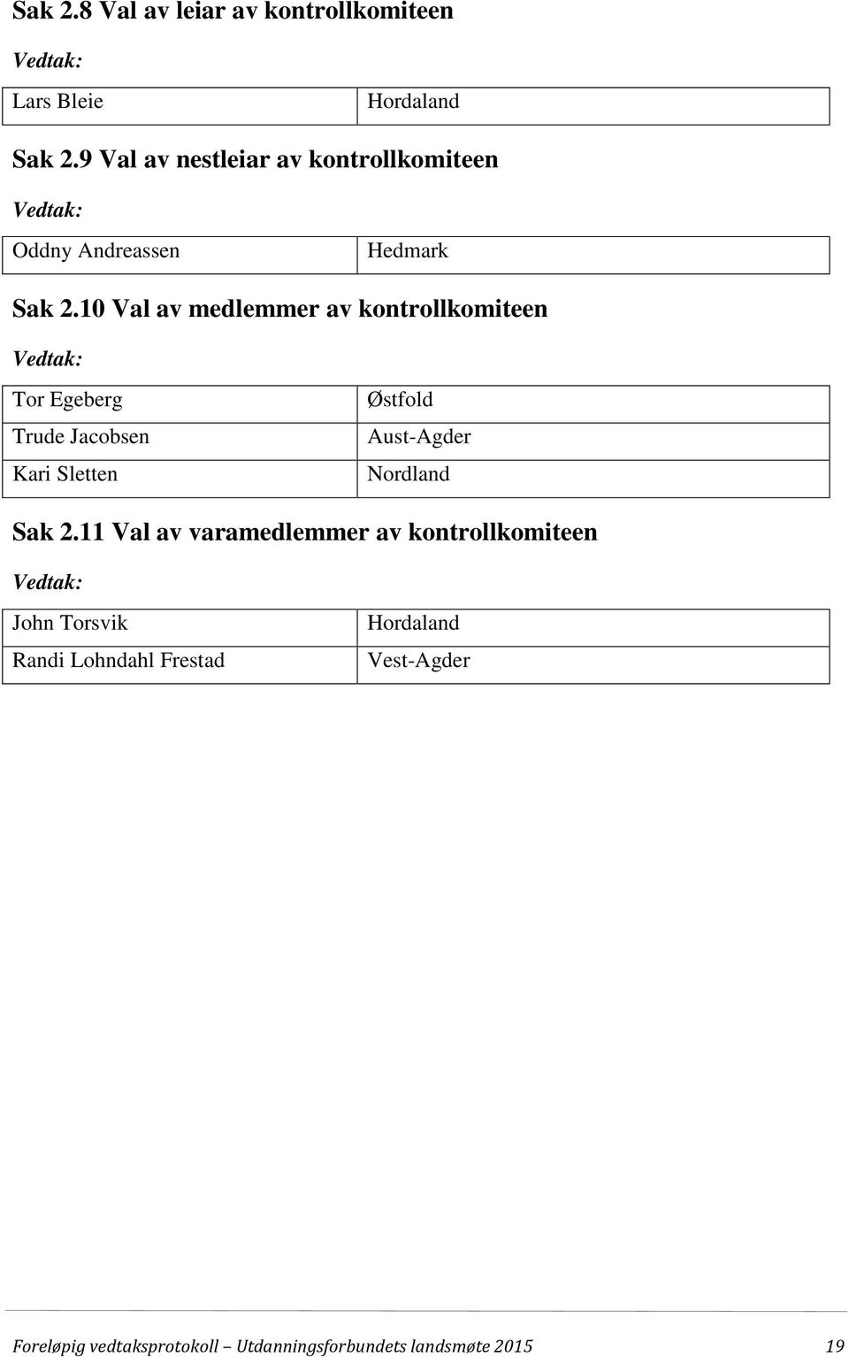 10 Val av medlemmer av kontrollkomiteen Vedtak: Tor Egeberg Trude Jacobsen Kari Sletten Østfold Aust-Agder