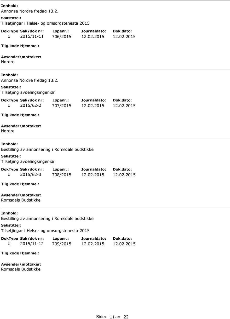 2015/62-2 707/2015 Nordre Bestilling av annonsering i Romsdals budstikke Tilsetjing avdelingsingeniør