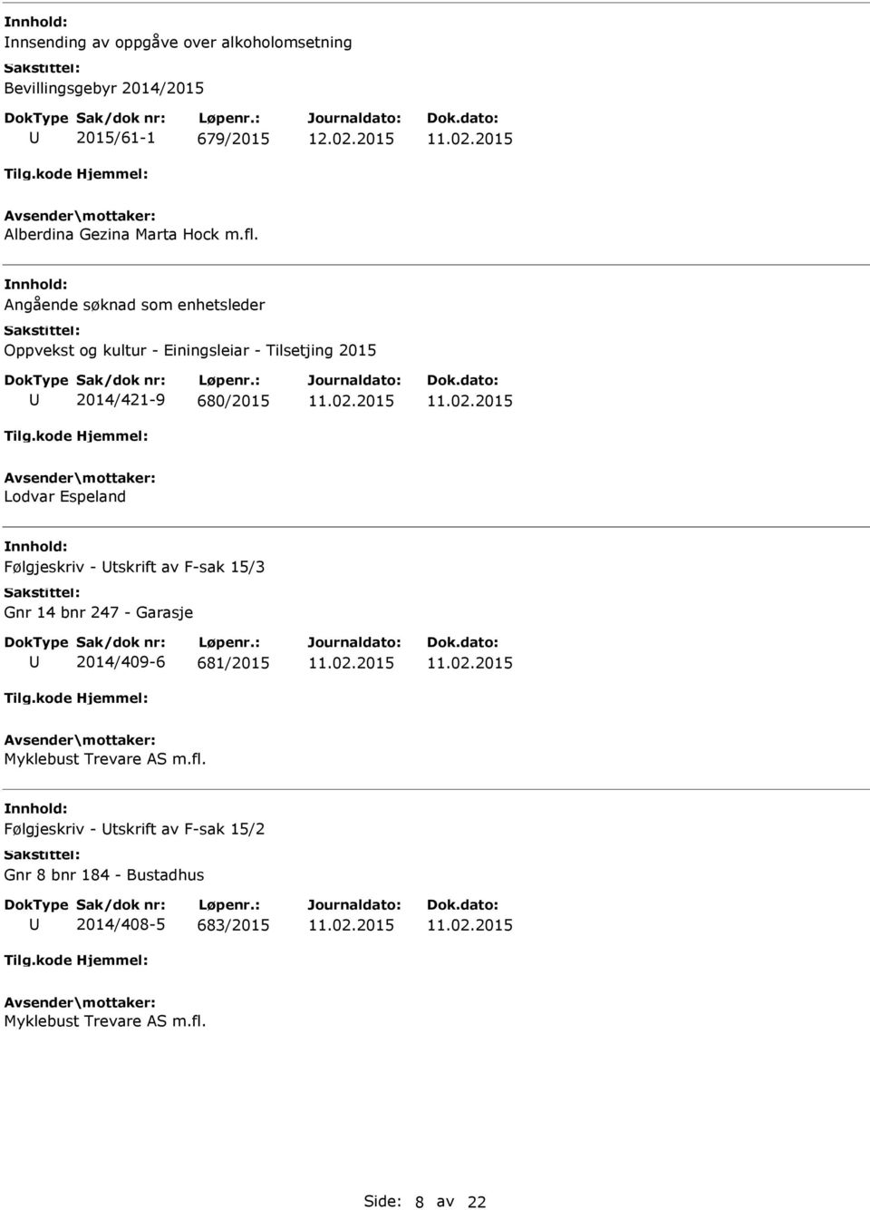 Espeland Følgjeskriv - tskrift av F-sak 15/3 Gnr 14 bnr 247 - Garasje 2014/409-6 681/2015 Myklebust Trevare AS m.fl.