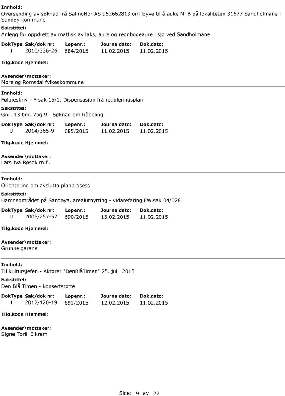 7og 9 - Søknad om frådeling 2014/365-9 685/2015 Lars va Røsok m.fl. Orientering om avslutta planprosess Hamneområdet på Sandøya, arealutnytting - vidareføring FW.