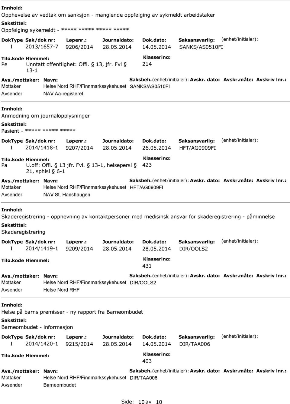 : Mottaker Helse Nord RHF/Finnmarkssykehuset SANKS/AS0510F NAV Aa-registeret Anmodning om journalopplysninger Pasient - ***** ***** ***** 2014/1418-1 9207/2014 26.05.2014 HFT/AG0909F Pa.off: Offl.