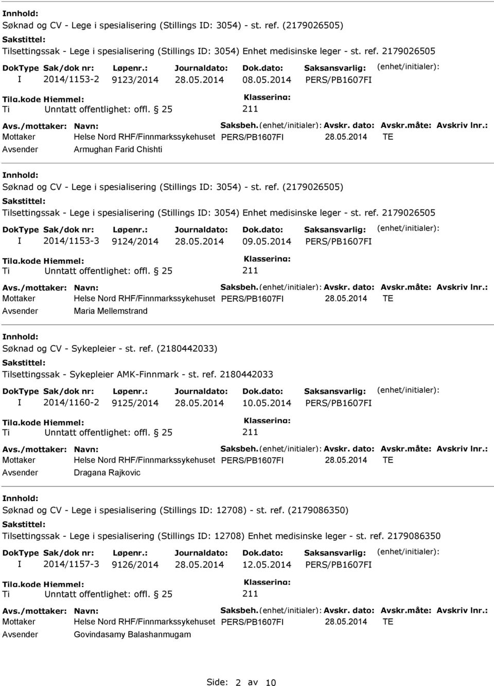 : Mottaker Helse Nord RHF/Finnmarkssykehuset TE Armughan Farid Chishti Søknad og CV - Lege i spesialisering (Stillings D: 3054) - st. ref.