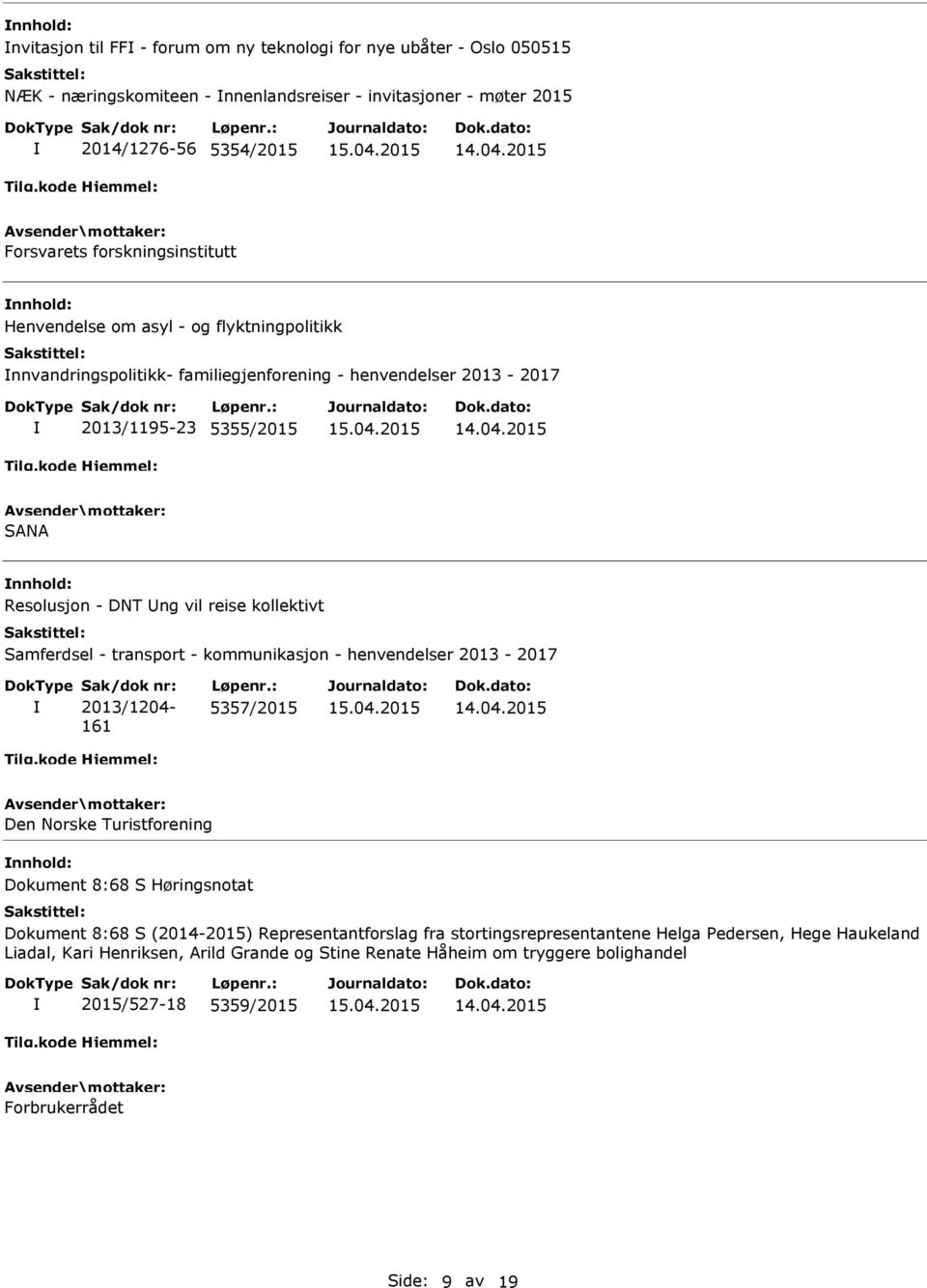 transport - kommunikasjon - henvendelser 2013-2017 Sak/dok nr: 2013/1204-161 Løpenr.