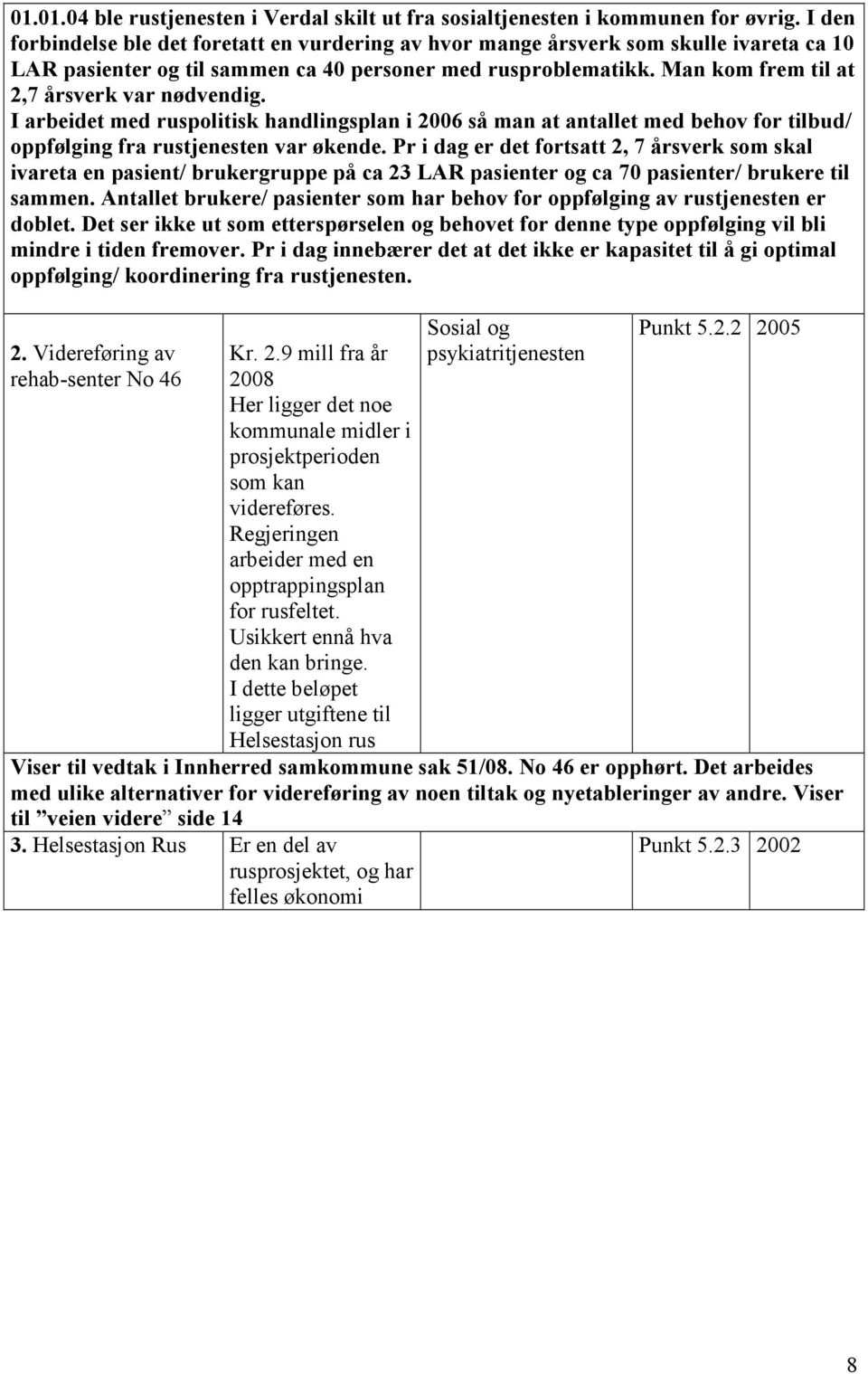 Man kom frem til at 2,7 årsverk var nødvendig. I arbeidet med ruspolitisk handlingsplan i 2006 så man at antallet med behov for tilbud/ oppfølging fra rustjenesten var økende.