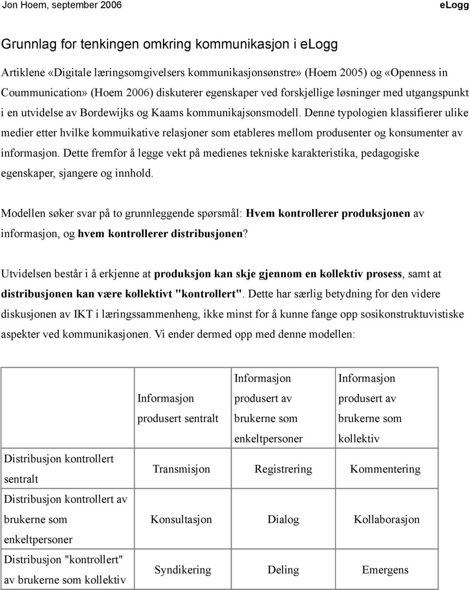 Denne typologien klassifierer ulike medier etter hvilke kommuikative relasjoner som etableres mellom produsenter og konsumenter av informasjon.