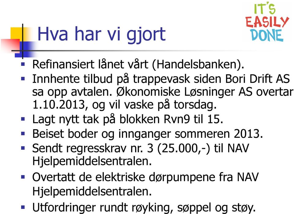 2013, og vil vaske på torsdag. Lagt nytt tak på blokken Rvn9 til 15. Beiset boder og innganger sommeren 2013.