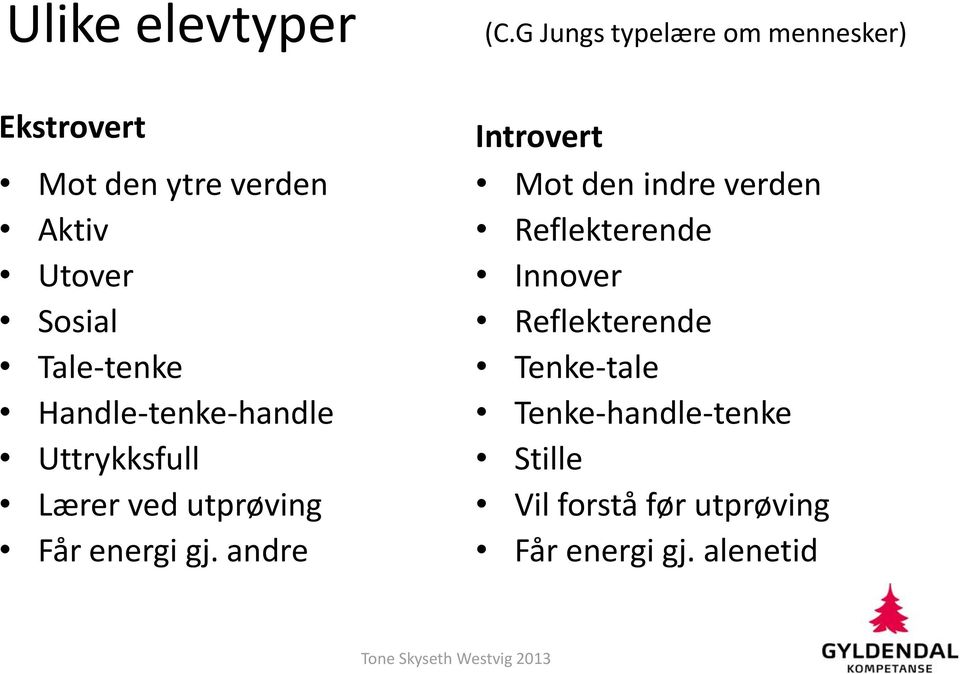 G Jungs typelære om mennesker) Introvert Mot den indre verden Reflekterende Innover