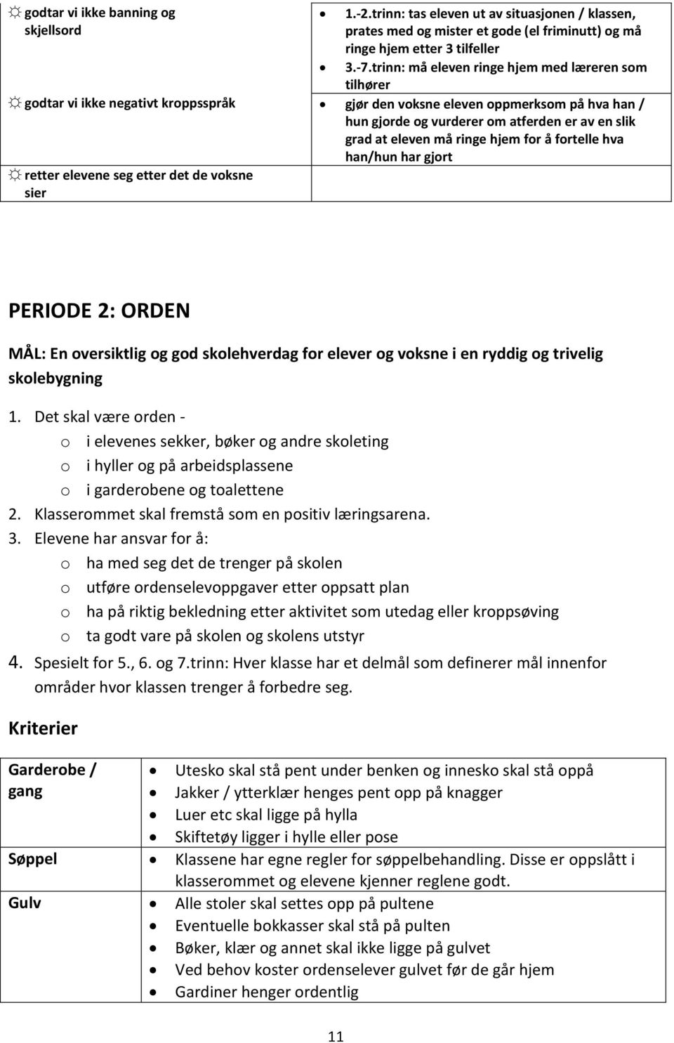 må ringe hjem for å fortelle hva han/hun har gjort retter elevene seg etter det de voksne sier PERIODE 2: ORDEN MÅL: En oversiktlig og god skolehverdag for elever og voksne i en ryddig og trivelig