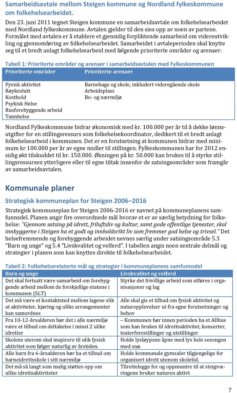 Samarbeidet i avtaleperioden skal knytte seg til et bredt anlagt folkehelsearbeid med følgende prioriterte områder og arenaer: Tabell 1: Prioriterte områder og arenaer i samarbeidsavtalen med