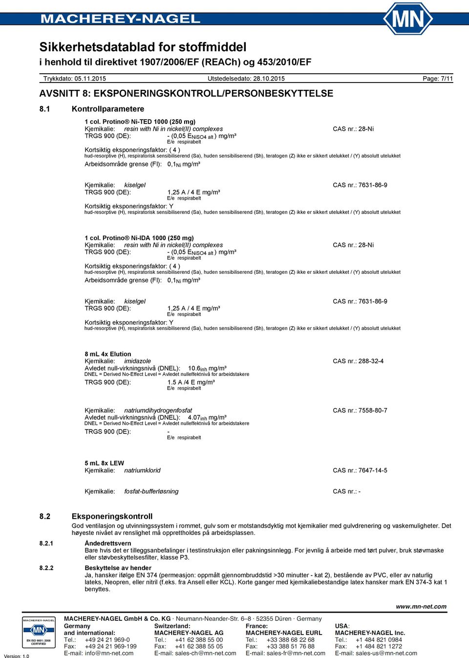 utelukket / (Y) absolutt utelukket Arbeidsområde grense (FI): 0,1 Ni mg/m³ Page: 7/11 Kjemikalie: kiselgel CAS nr.