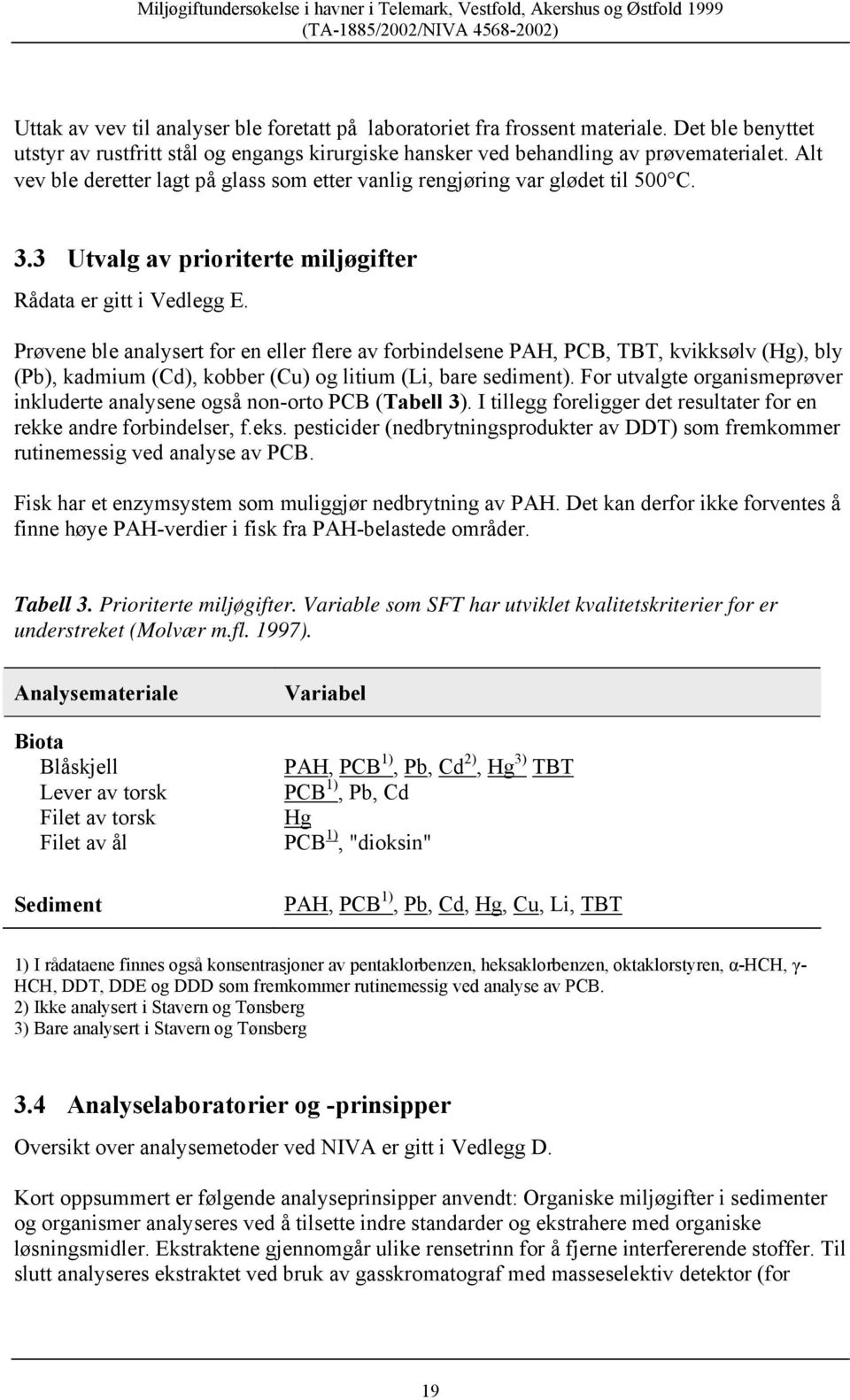 Prøvene ble analysert for en eller flere av forbindelsene PAH, PCB, TBT, kvikksølv (Hg), bly (Pb), kadmium (Cd), kobber (Cu) og litium (Li, bare sediment).