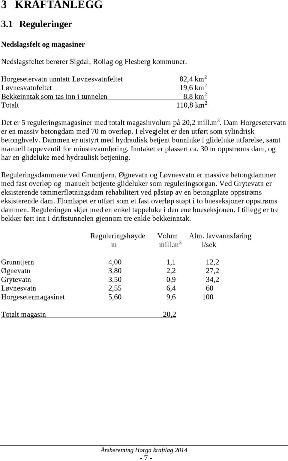 20,2 mill.m 3. Dam Horgesetervatn er en massiv betongdam med 70 m overløp. I elvegjelet er den utført som sylindrisk betonghvelv.