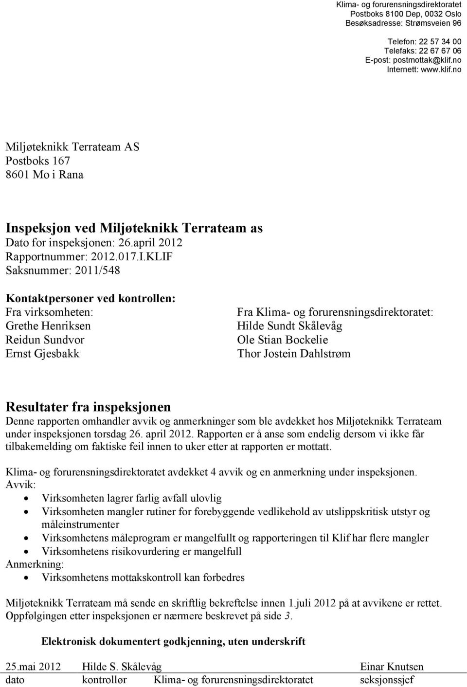 KLIF Miljøteknikk Terrateam AS Postboks 167 8601 Mo i Rana Inspeksjon ved Miljøteknikk Terrateam as Dato for inspeksjonen: 26.april 2012 Rapportnummer: 2012.017.I.KLIF Saksnummer: 2011/548