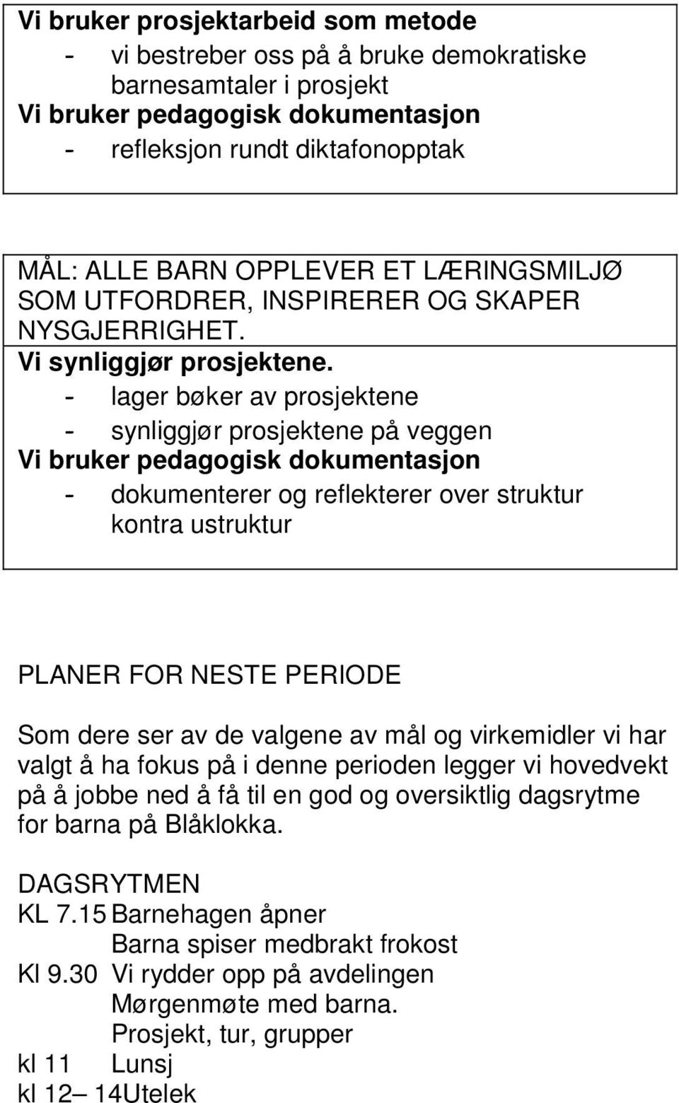 - lager bøker av prosjektene - synliggjør prosjektene på veggen Vi bruker pedagogisk dokumentasjon - dokumenterer og reflekterer over struktur kontra ustruktur PLANER FOR NESTE PERIODE Som dere ser