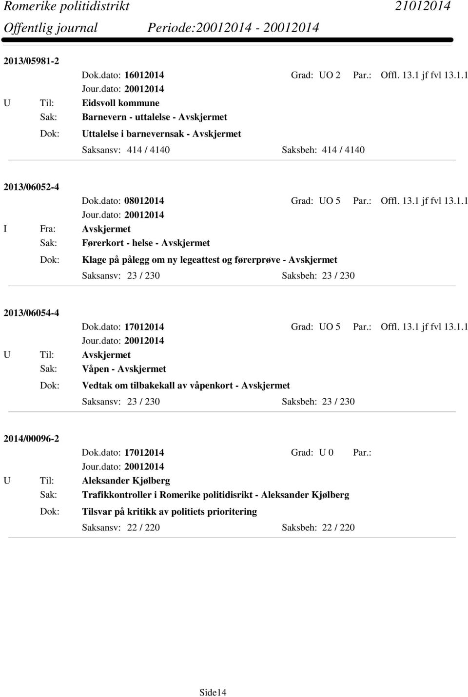 014 Grad: UO 5 Par.: Offl. 13.1 jf fvl 13.1.1 I Fra: Avskjermet Sak: Førerkort - helse - Avskjermet Klage på pålegg om ny legeattest og førerprøve - Avskjermet 2013/06054-4 Sak: