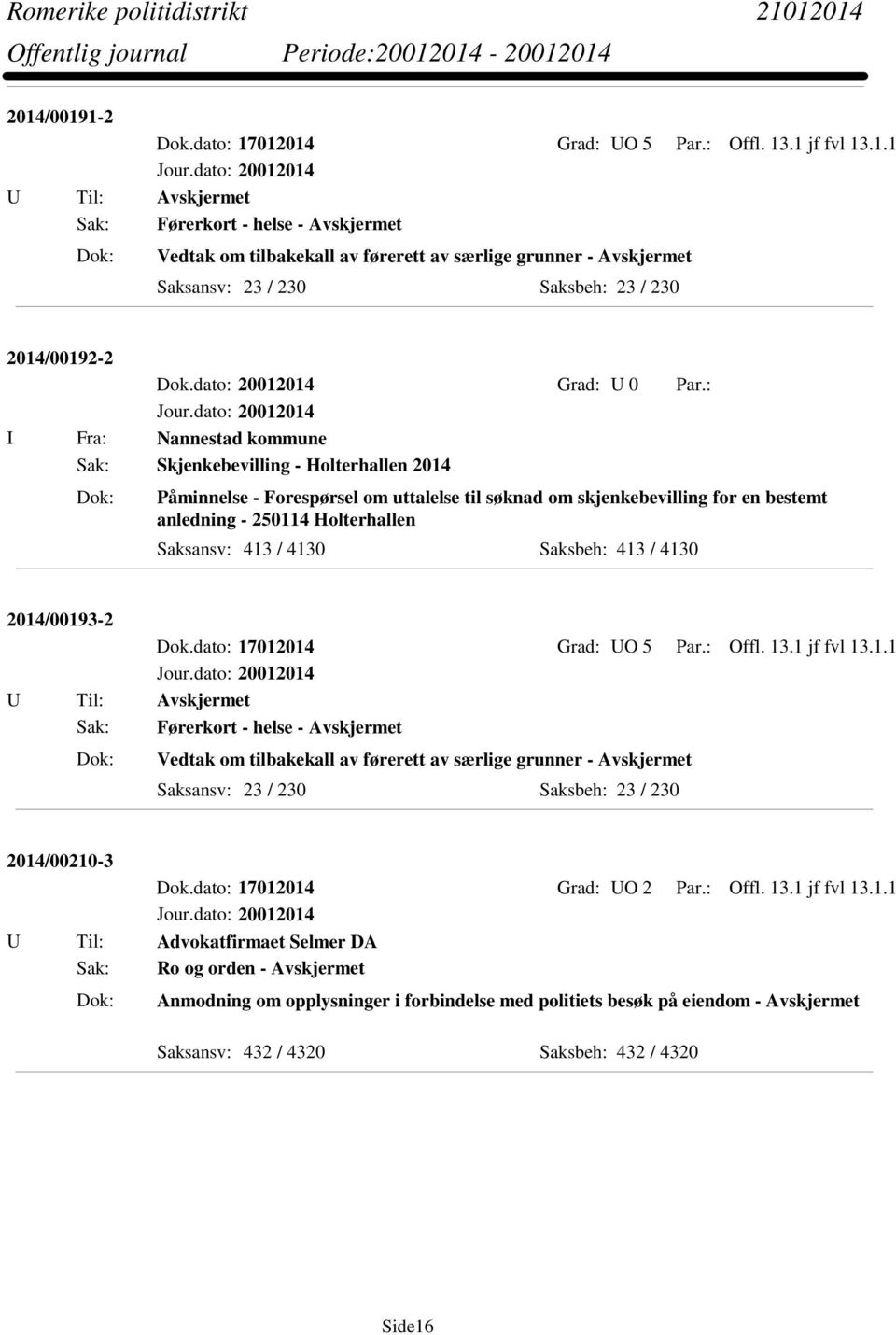 2014/00193-2 Sak: Førerkort - helse - Avskjermet Vedtak om tilbakekall av førerett av særlige grunner - Avskjermet 2014/00210-3 Dok.dato: 17012014 Grad: UO 2 Par.: Offl. 13.