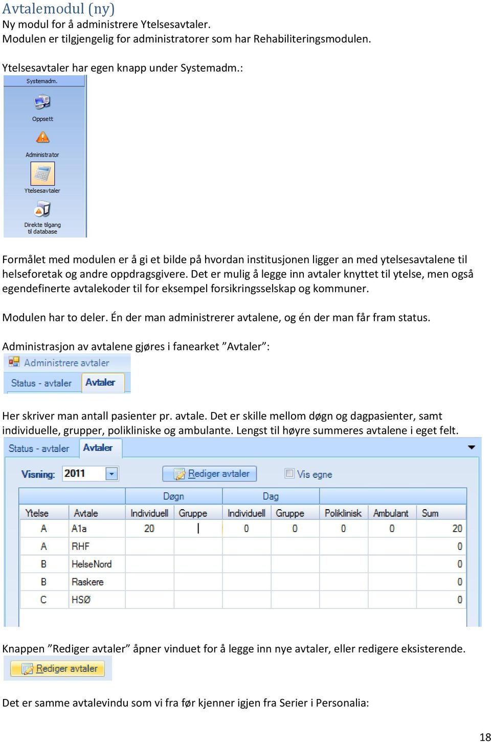 Det er mulig å legge inn avtaler knyttet til ytelse, men også egendefinerte avtalekoder til for eksempel forsikringsselskap og kommuner. Modulen har to deler.