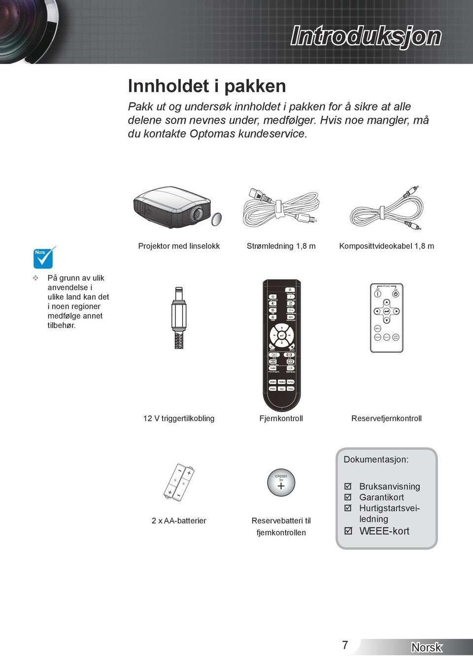 Hvis noe mangler, må du kontakte Optomas kundeservice. NOTE projektor.med.linselokk Strømledning.,8.m Komposittvideokabel.,8.m på.grunn.av.ulik.