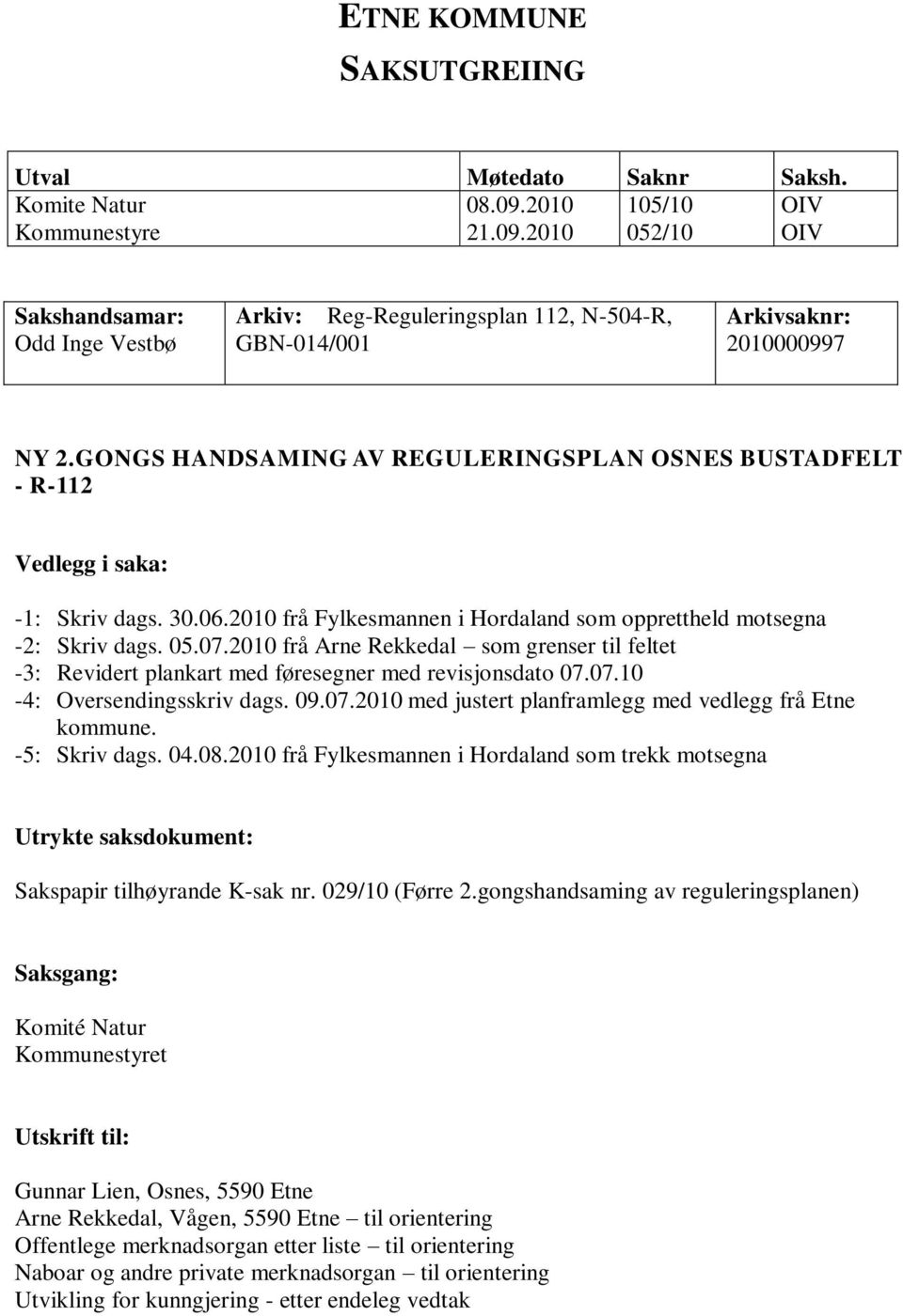 GONGS HANDSAMING AV REGULERINGSPLAN OSNES BUSTADFELT - R-112 Vedlegg i saka: -1: Skriv dags. 30.06.2010 frå Fylkesmannen i Hordaland som opprettheld motsegna -2: Skriv dags. 05.07.