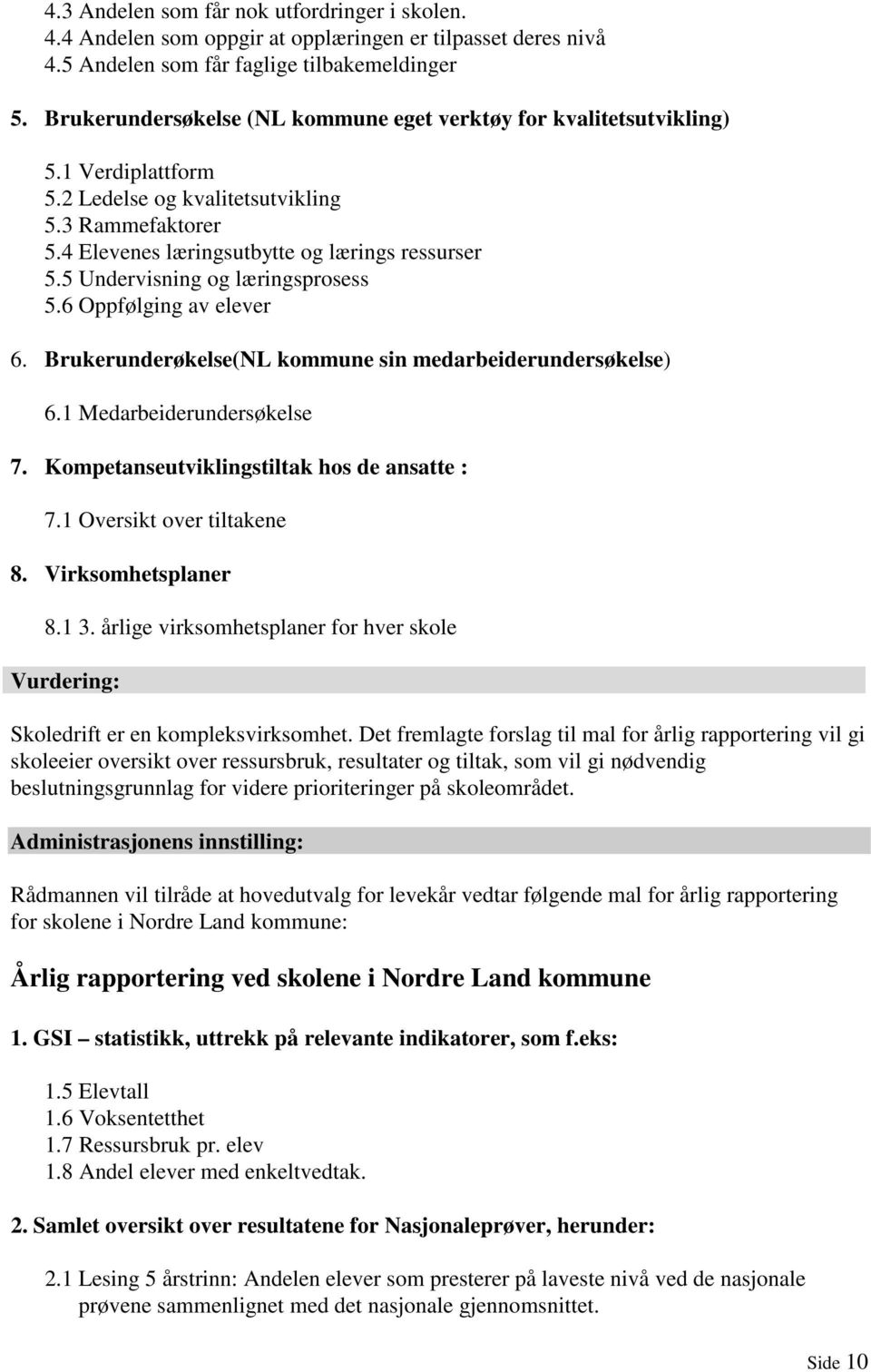 5 Undervisning og læringsprosess 5.6 Oppfølging av elever 6. Brukerunderøkelse(NL kommune sin medarbeiderundersøkelse) 6.1 Medarbeiderundersøkelse 7. Kompetanseutviklingstiltak hos de ansatte : 7.