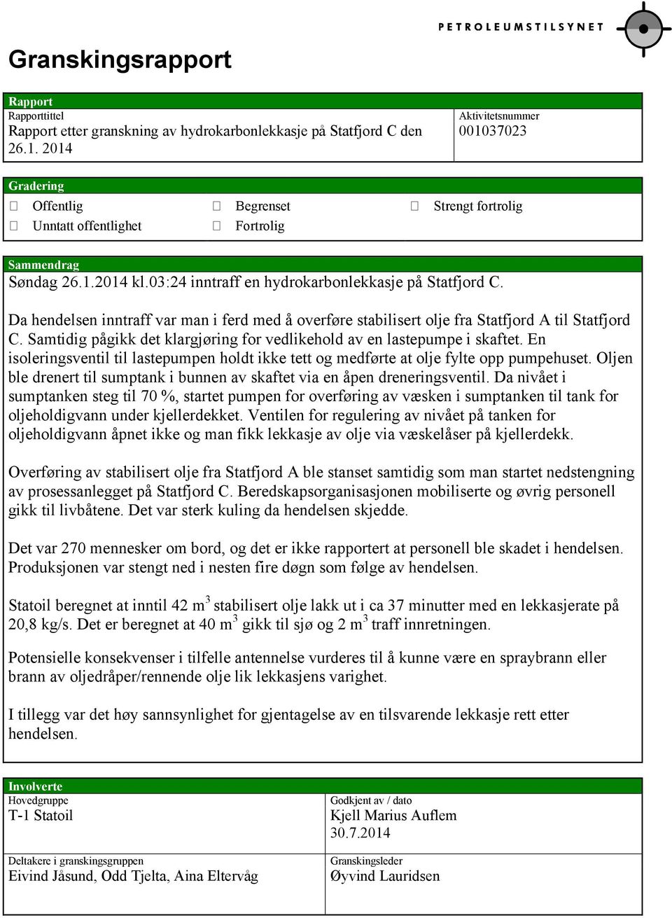 Da hendelsen inntraff var man i ferd med å overføre stabilisert olje fra Statfjord A til Statfjord C. Samtidig pågikk det klargjøring for vedlikehold av en lastepumpe i skaftet.