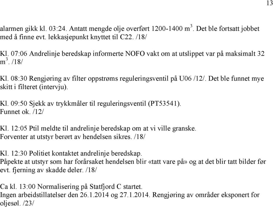 Det ble funnet mye skitt i filteret (intervju). Kl. 09:50 Sjekk av trykkmåler til reguleringsventil (PT53541). Funnet ok. /12/ Kl. 12:05 Ptil meldte til andrelinje beredskap om at vi ville granske.