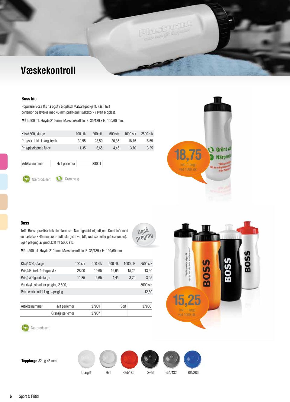 1-fargetrykk 32,95 23,50 20,35 18,75 16,55 Pris/påfølgende farge 11,35 6,65 4,45 3,70 3,25 Artikkelnummer Hvit perlemor 38001 18,75 Grønt valg Boss Tøffe Boss i praktisk halvliterstørrelse.